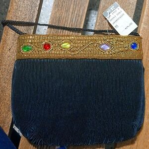 Vintage Michelle Stuart Handbag Purse Small Black Textured Beading & Jewels